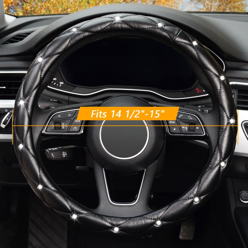 KAFEEK Diamond Soft Leather Steering Wheel Cover with Bling Bling Crystal Rhinestones, Universal 15 inch Anti-Slip, Car Interior Accessories for Women Girls, Black - Image 2